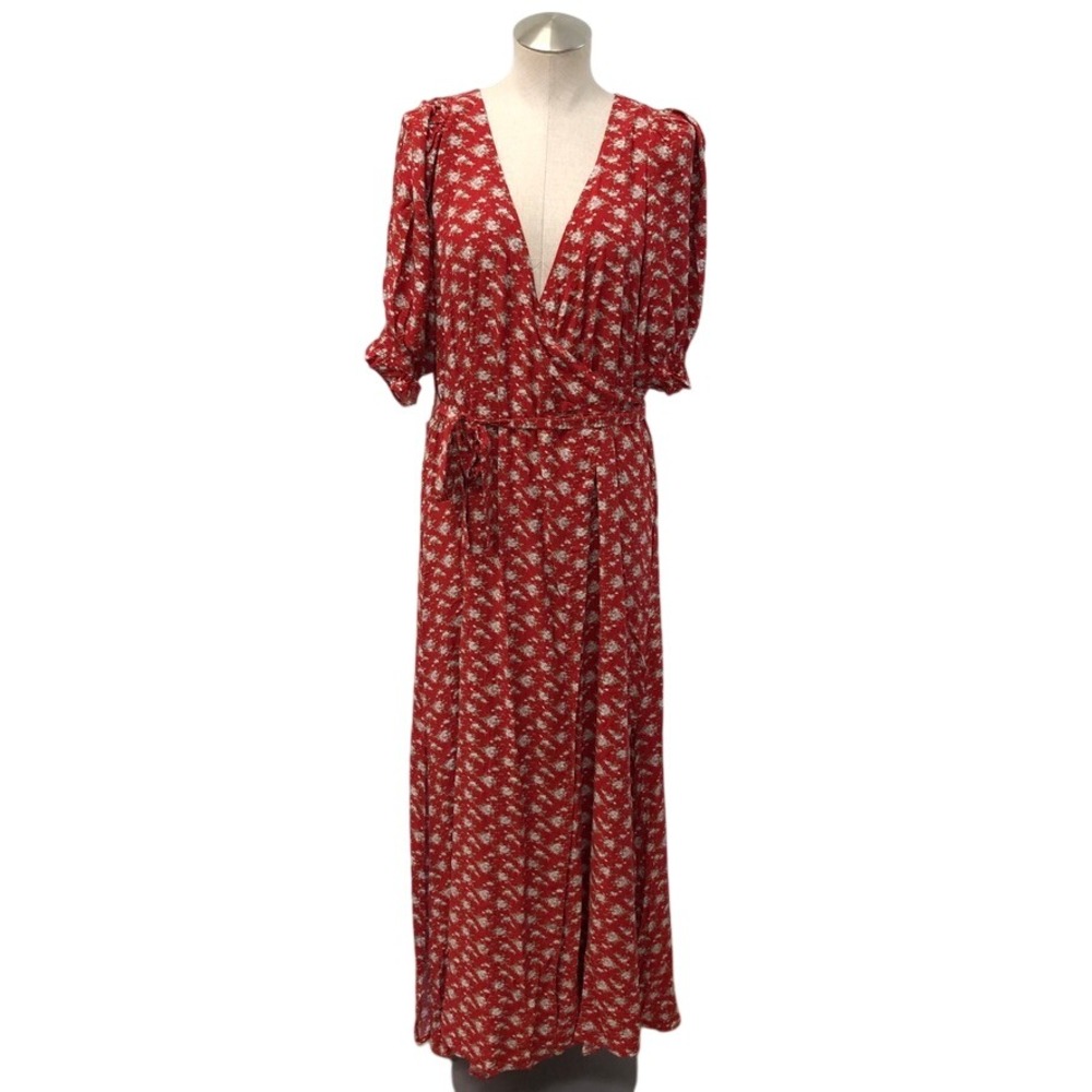Natural Life Maxi Dress Womens XL Red Floral Wrap V-Neck Short Sleeve Boho
